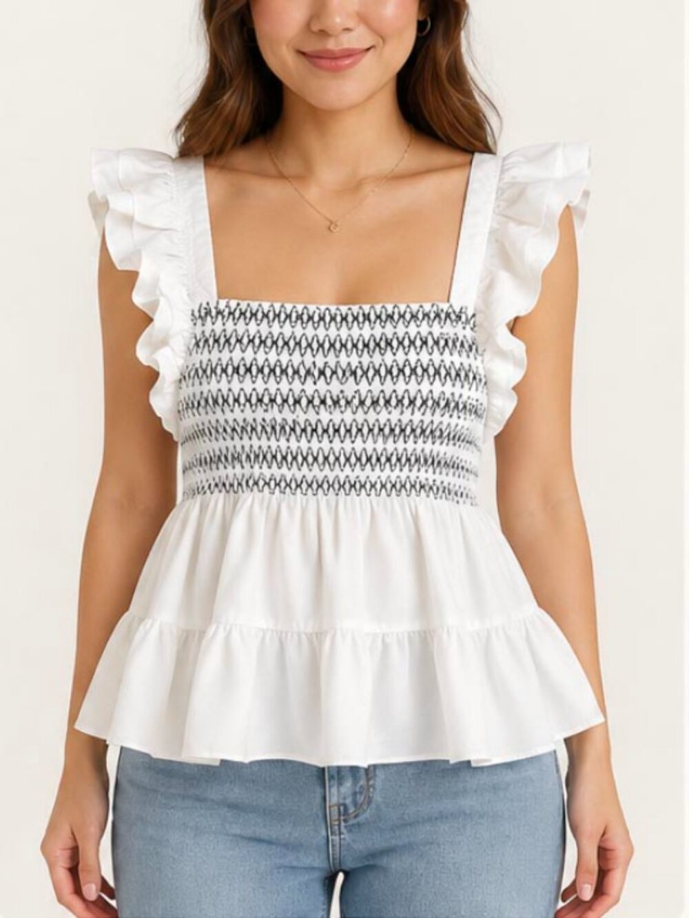 White Smocked Ruffle Peplum Top – Flutter Sleeve Tiered Babydoll Blouse
